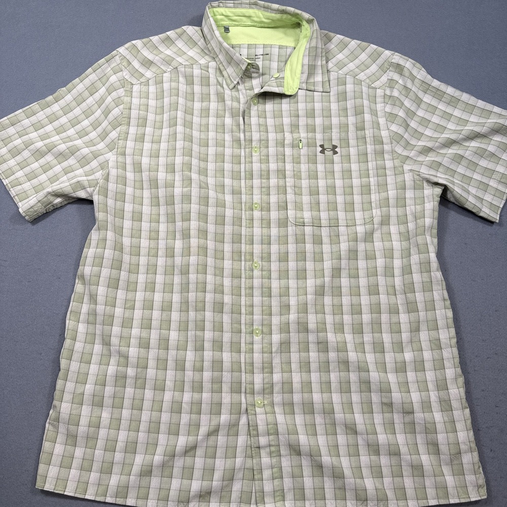 Under Armour Button Shirt Men XL NEON GREEN CHEC Short Sleeve Vented Performance